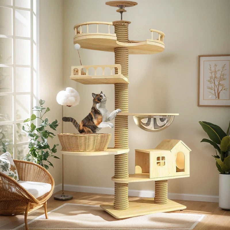 Solid Wooden Cat Tree Tower House - Main Product Image